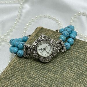 Silver Marcasite Watch with Turquoise Bead Band